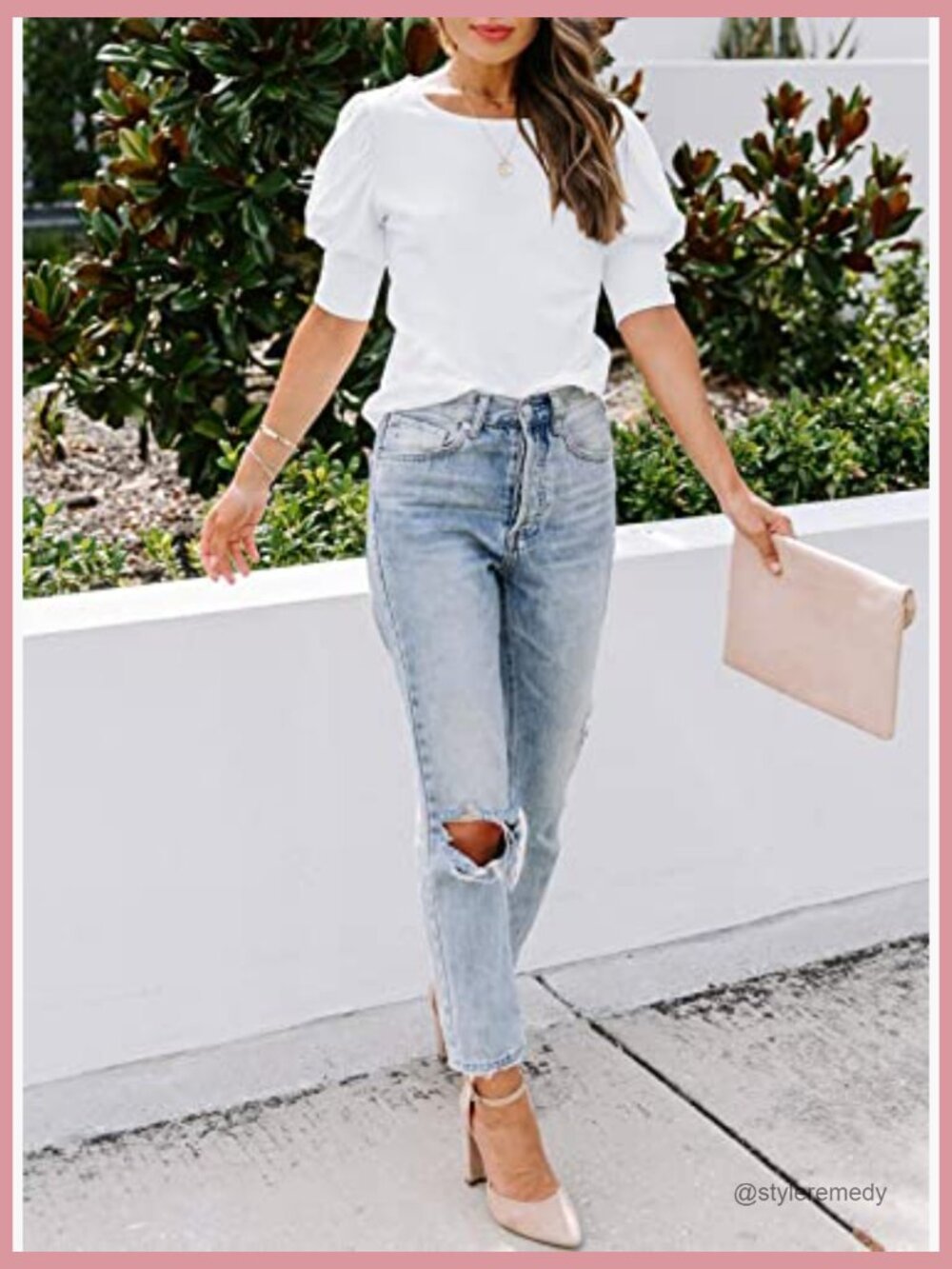 Puff Sleeve Blouse with Button Cuff, Rayon Polyester Spandex Blend - Picture 4 of 7